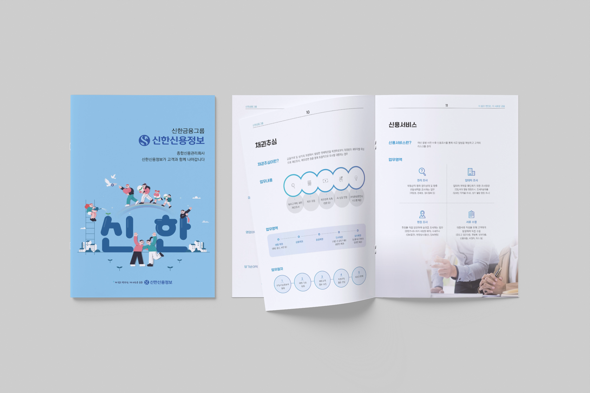 신한신용정보 브로슈어 표지와 신용서비스, 채권추심 업무를 인포그래픽으로 소개한 내지 디자인. 기업 아이덴티티를 반영해 퍼스트디자인이 제작한 브로슈어 사례